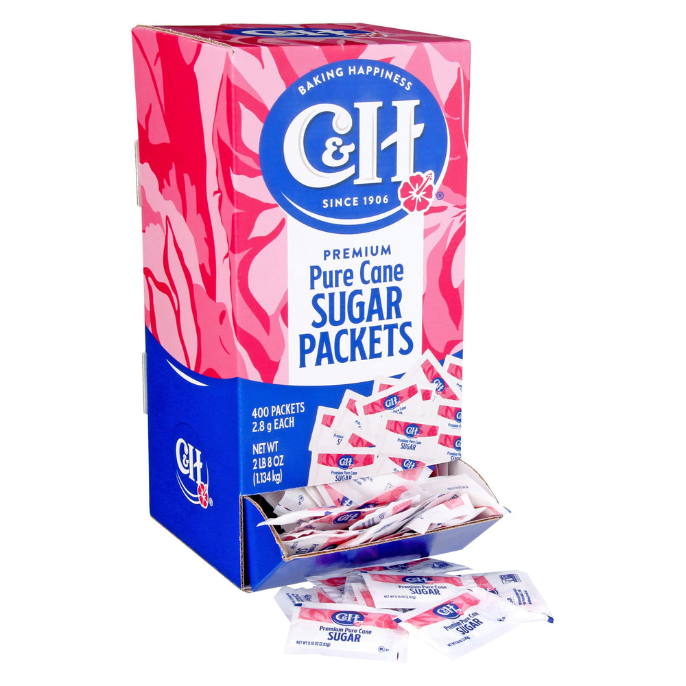 C&H premium sugar packets 400-count front view in dispenser box for quick service