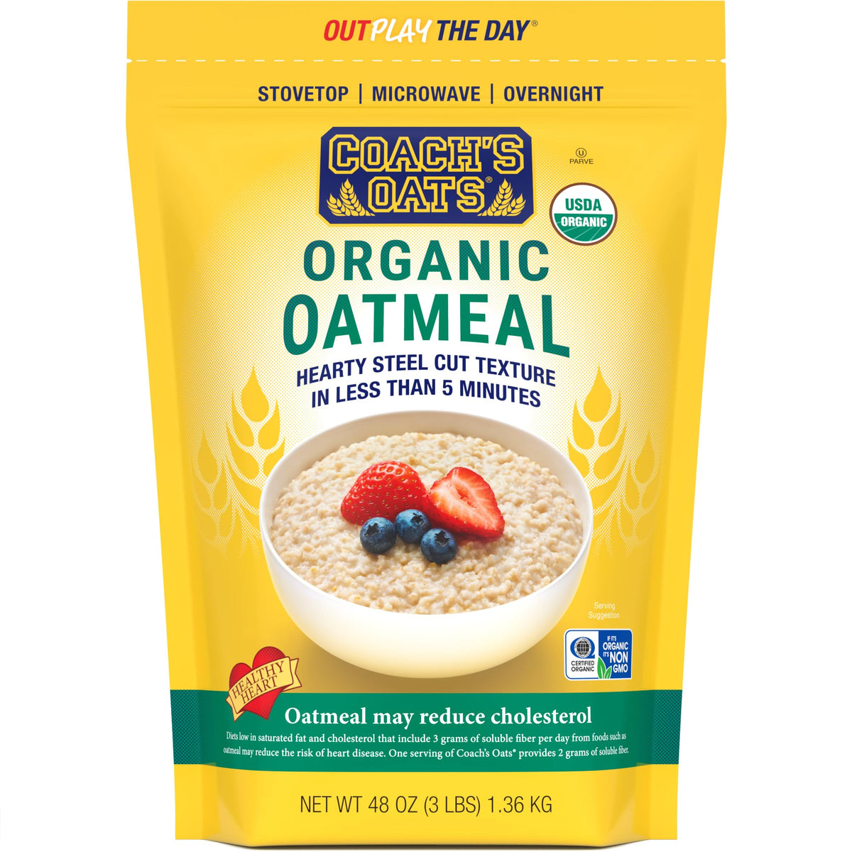 Coach's Oats Organic Oatmeal bag showcases premium oats for a quick, nourishing breakfast.