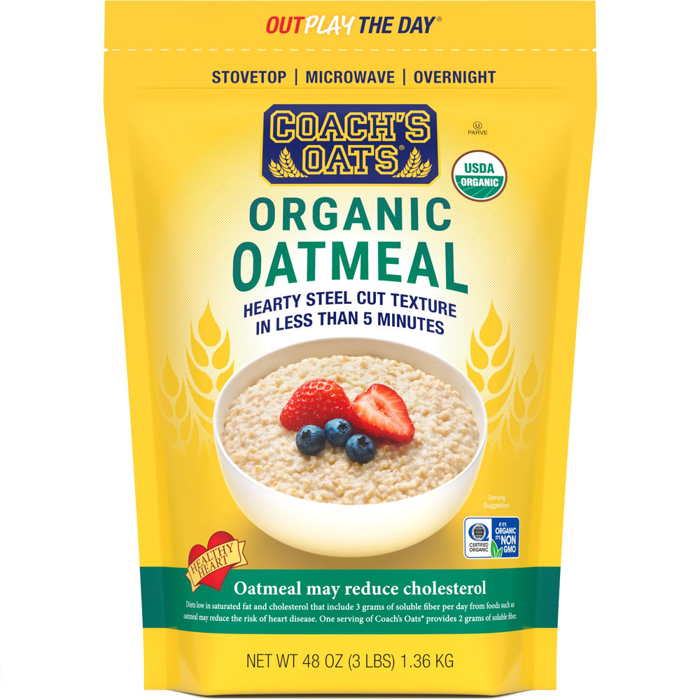 Coach’s Oats organic oatmeal bag highlighting wholesome, convenient breakfast fuel.