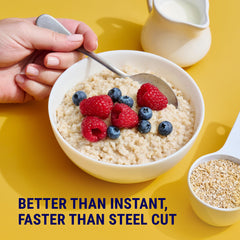 COACH'S OATS pouring-steel-cut-oats demonstrates fast prep for busy mornings