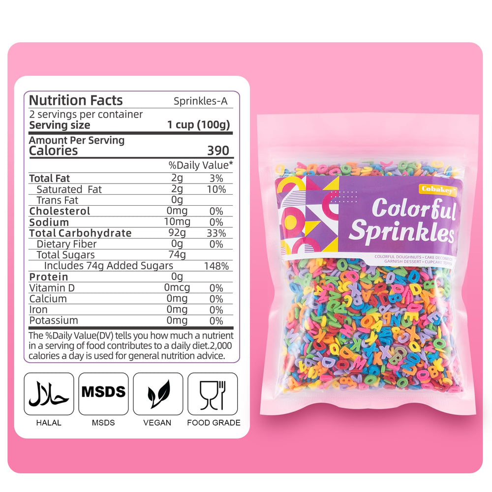 Cobakey Letters Sprinkles cake decorating closeup shows colorful edible letters for personalized treats.