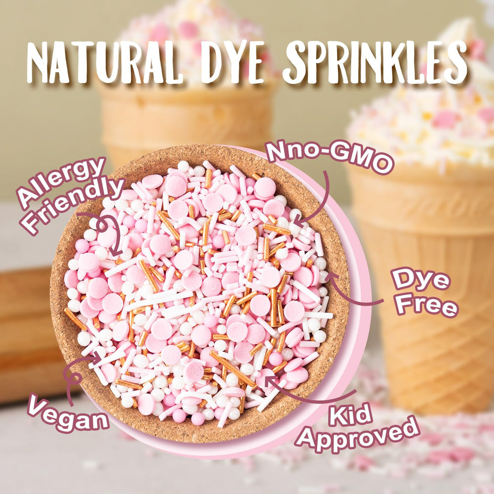 Cobakey pink confetti sprinkles elevate birthday desserts with a delicate shimmer.
