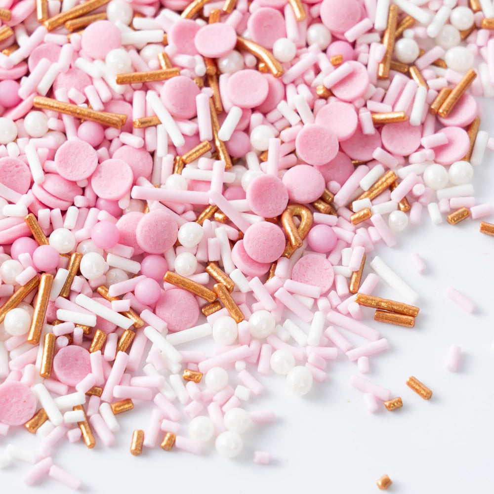 Cobakey pink dye-free sprinkles jar ready for cake decorating and cookies.