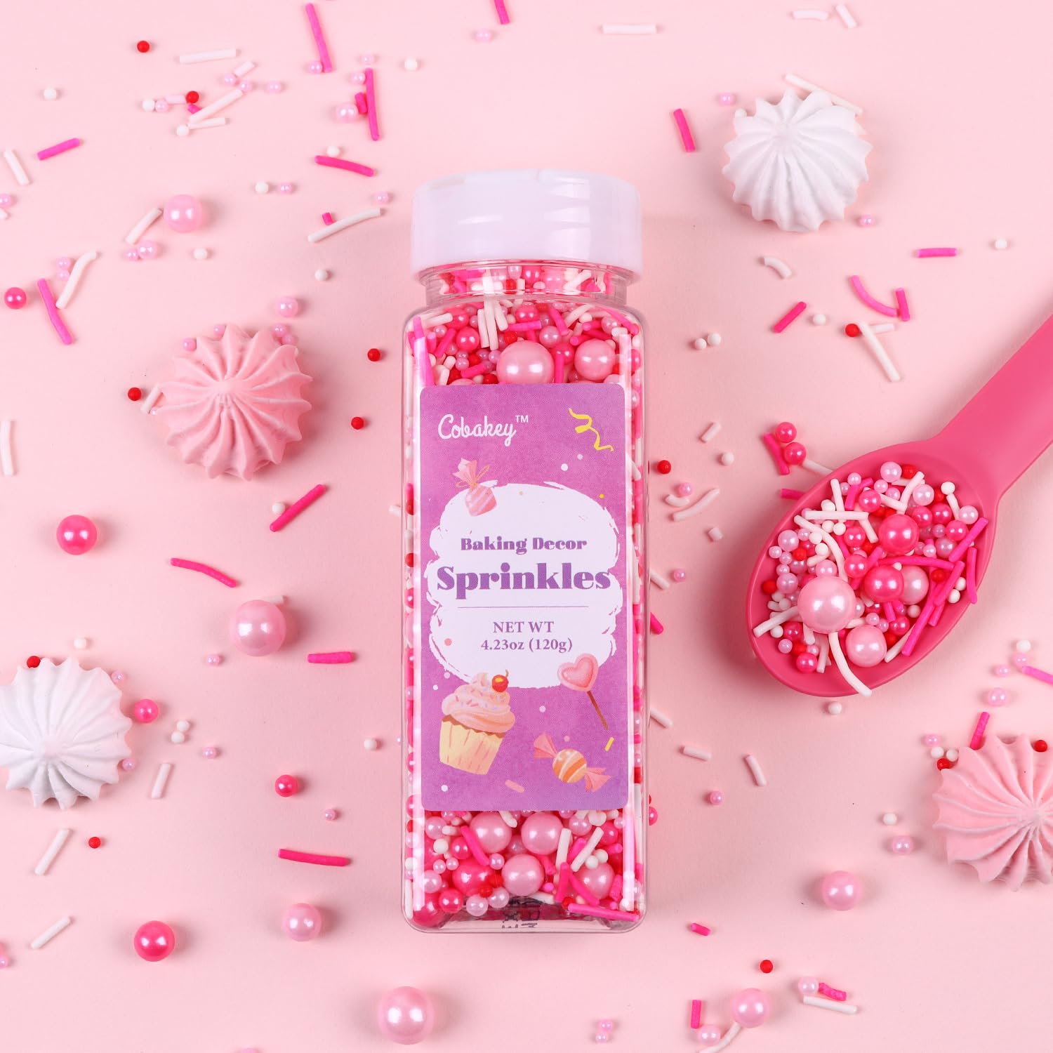 Pink sprinkles add festive flair to ice cream and desserts.