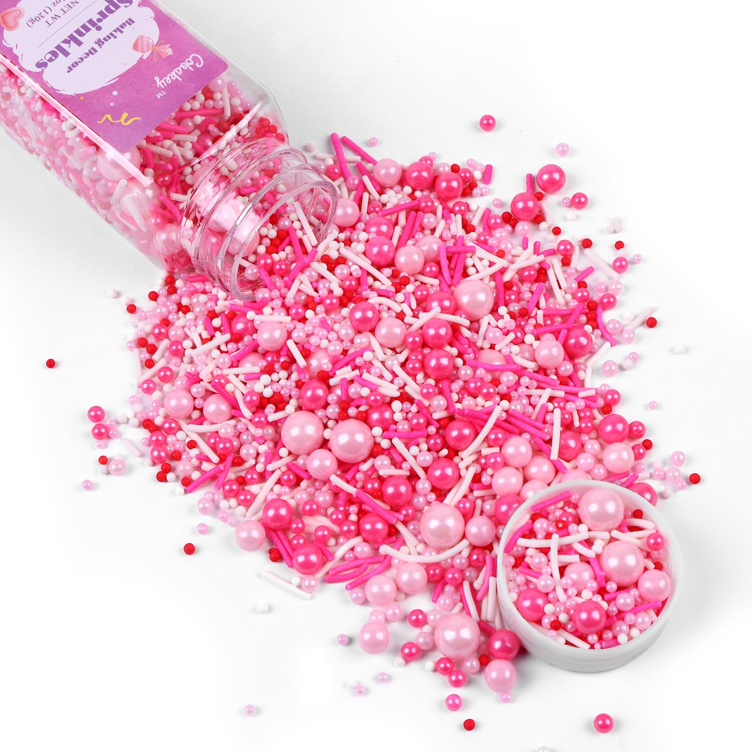Cobakey pink sprinkles on cupcakes add festive color and pearl shine.