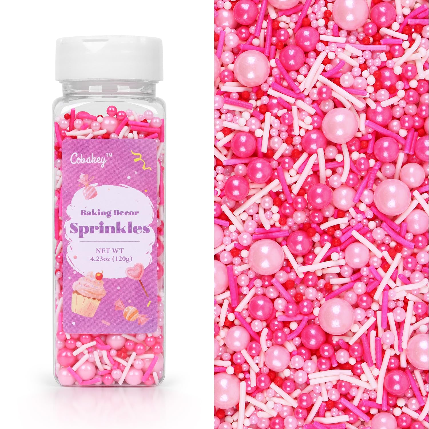 Valentine's themed Cobakey sprinkles enhance cake toppers with lustrous pearls.