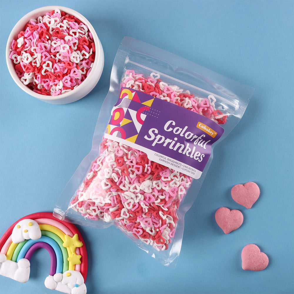 Cobakey Valentines sprinkles close-up showing tiny heart shapes and colors