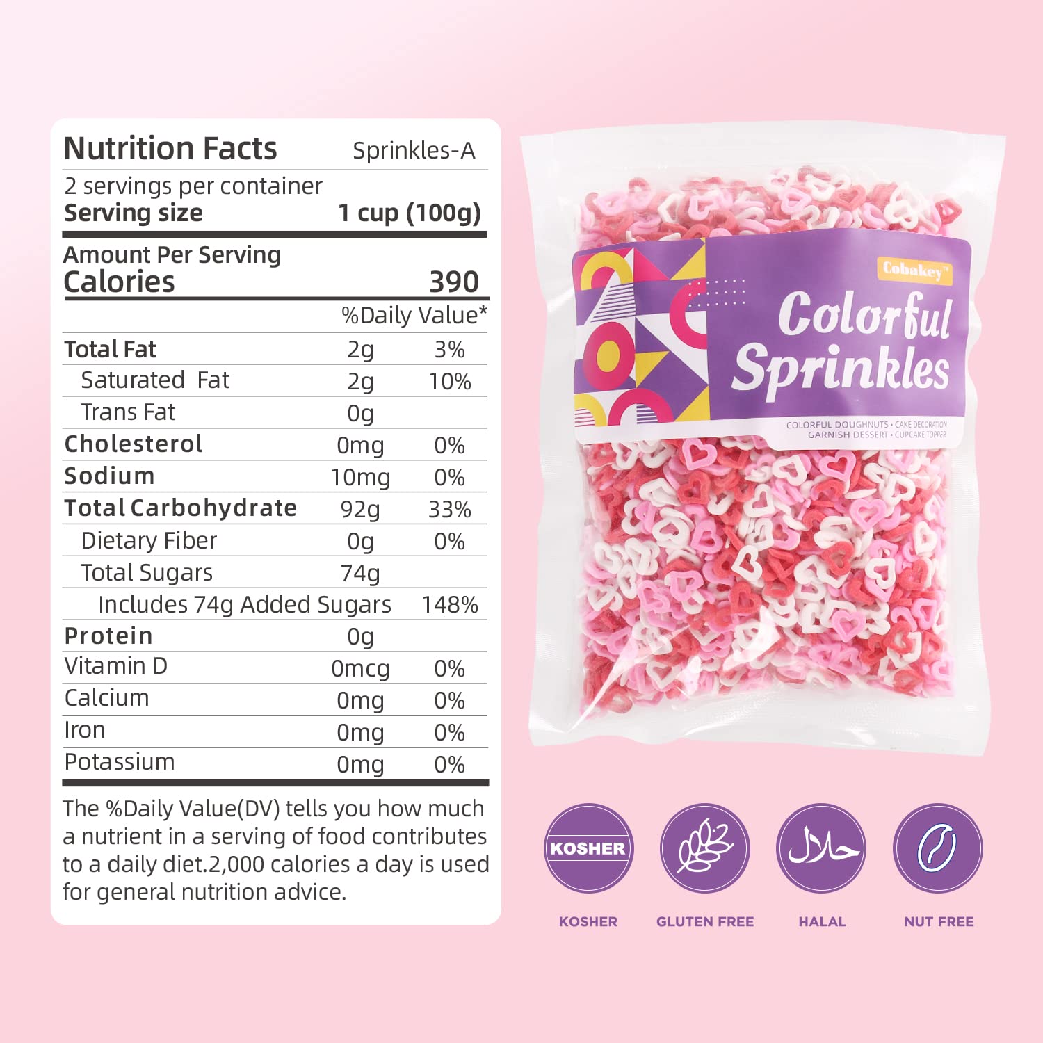 Cobakey Valentines sprinkles in red pink white colors for cookies and desserts
