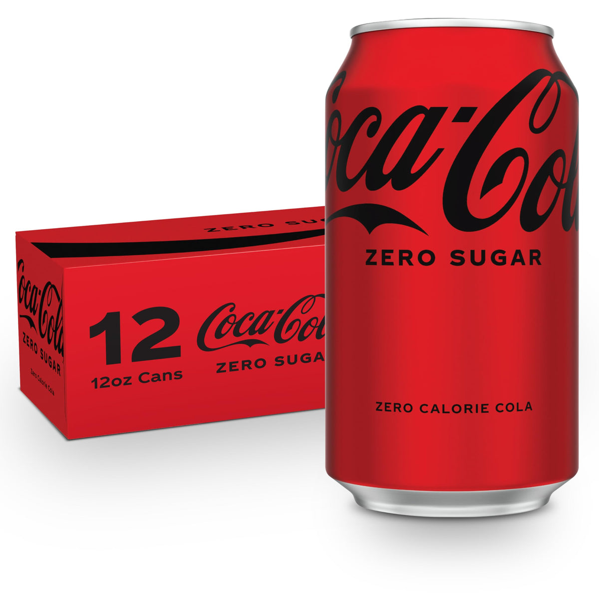 Coca-Cola Zero Sugar 12oz can front view shows crisp cola flavor without sugar.