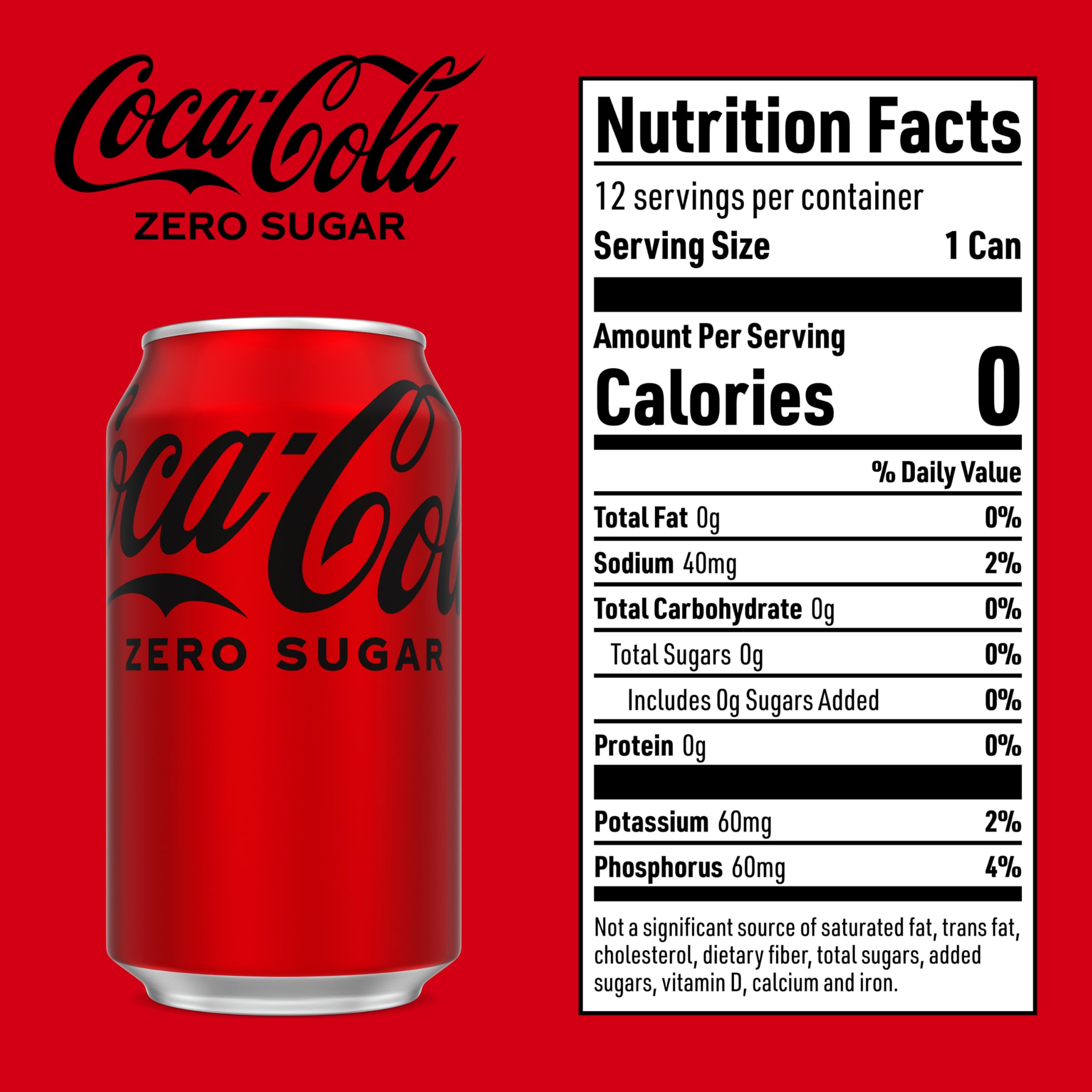 Coca-Cola Zero Sugar 12oz can side view highlights zero calories in sleek packaging.