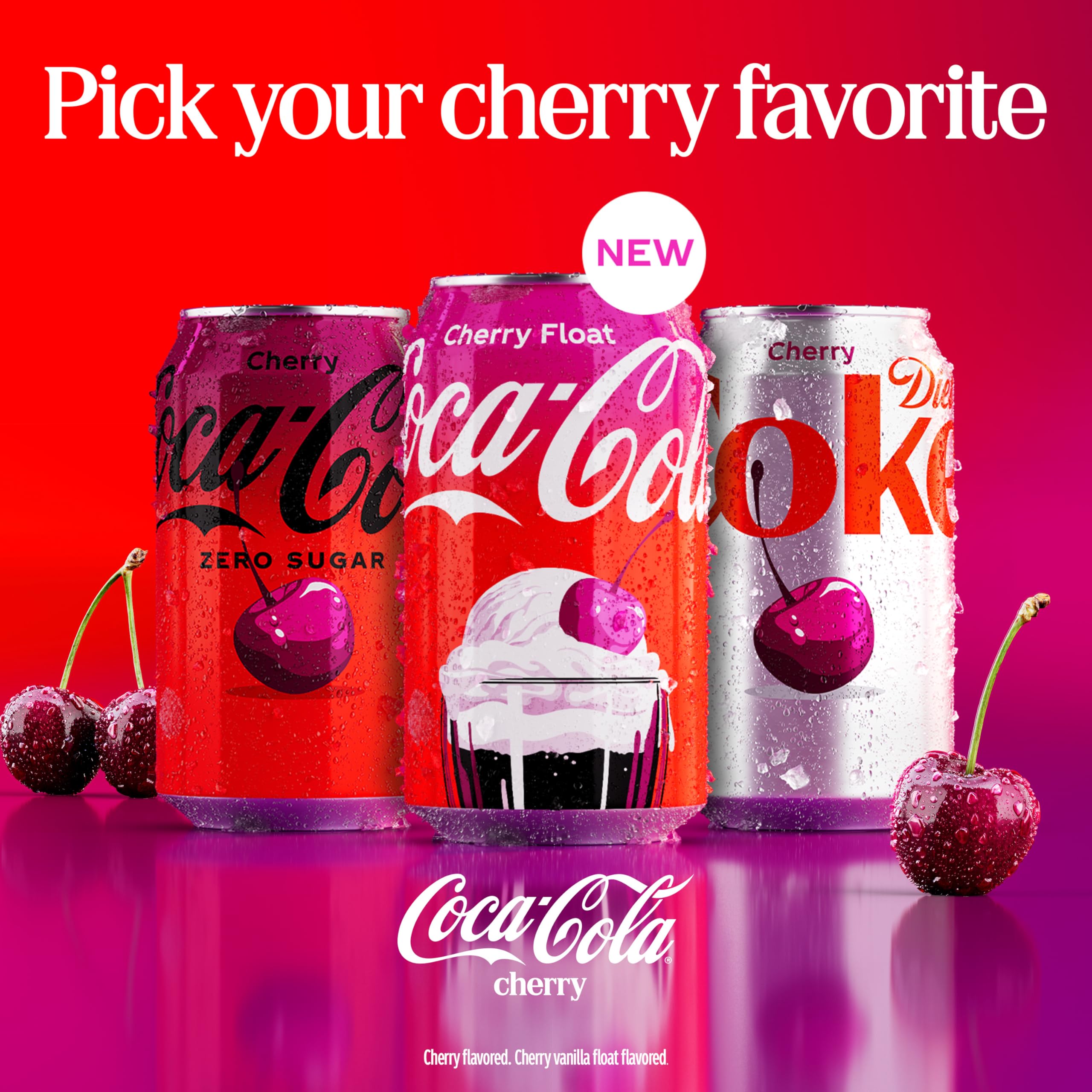 Coca-Cola Zero Sugar Cherry Float label closeup emphasizing zero sugar and classic Coke taste