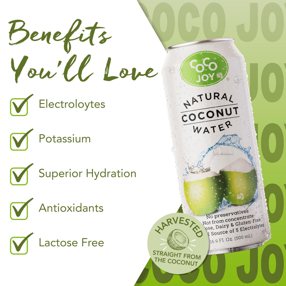 Coco Joy coconut water closeup communicates natural taste and purity.