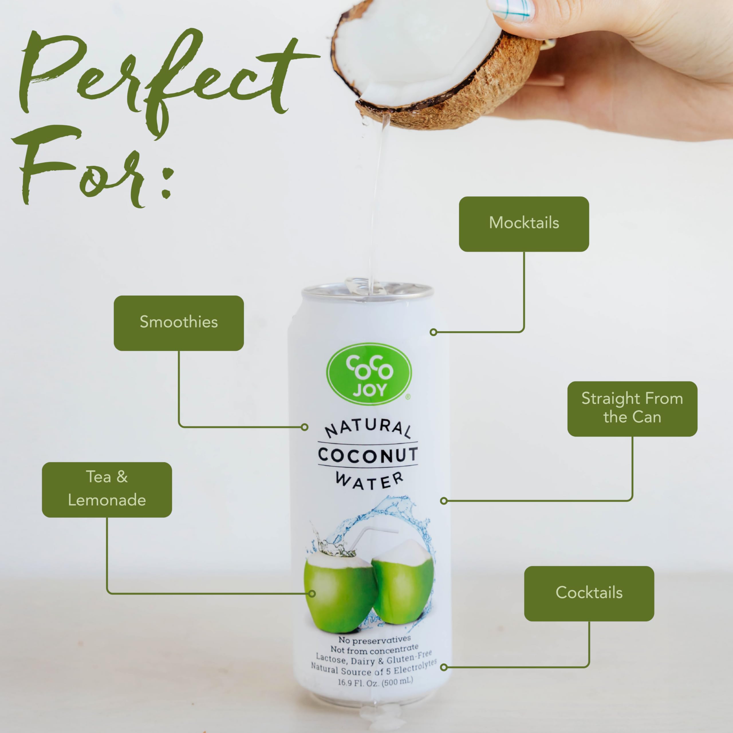 Coco Joy coconut water serving with condensation conveys fresh-from-tropics vibes.