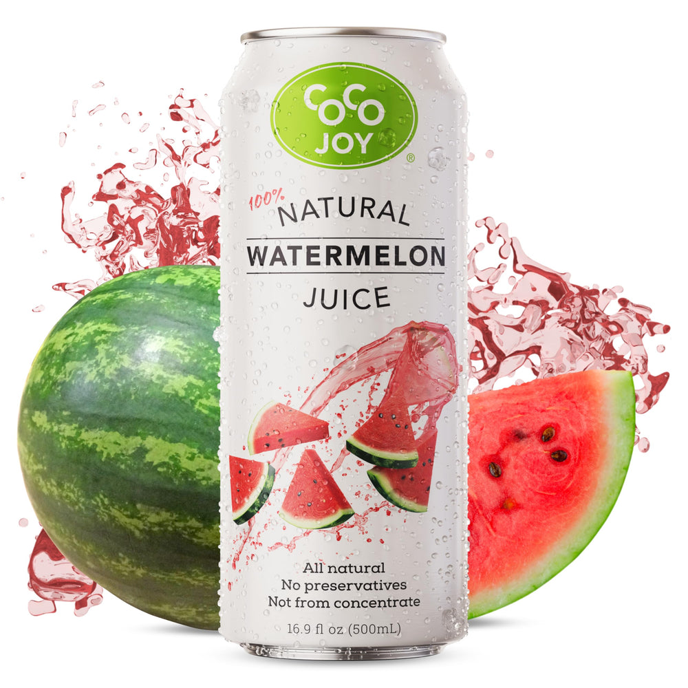 Coco Joy Watermelon Juice 12-pack front label, a natural, hydrating beverage option.