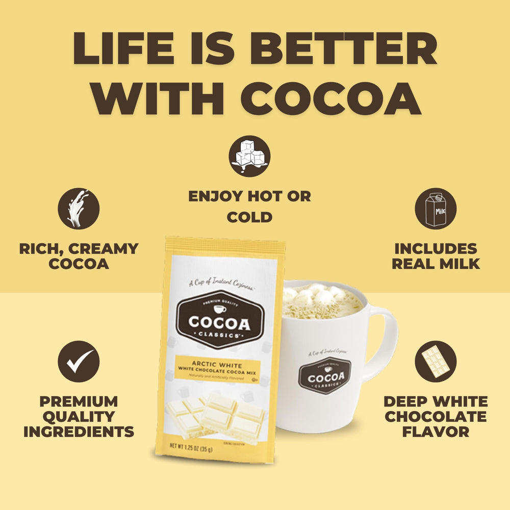 COCOA CLASSICS Arctic White Cocoa Mix iced cocoa served in glass showcases versatility.