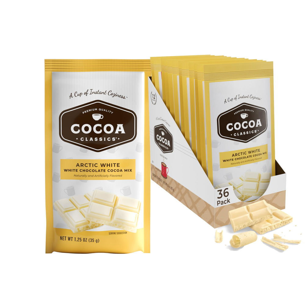COCOA CLASSICS Arctic White Cocoa Mix front-pack highlights gluten-free, creamy cocoa basics.