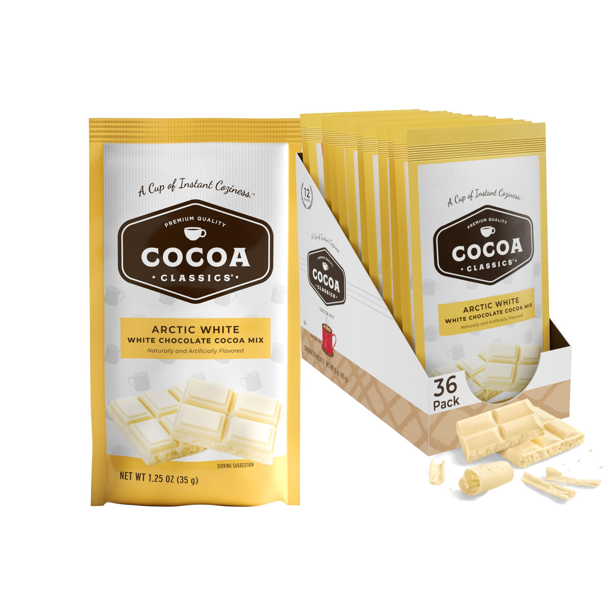 COCOA CLASSICS Arctic White Cocoa Mix front-pack highlights gluten-free, creamy cocoa basics.