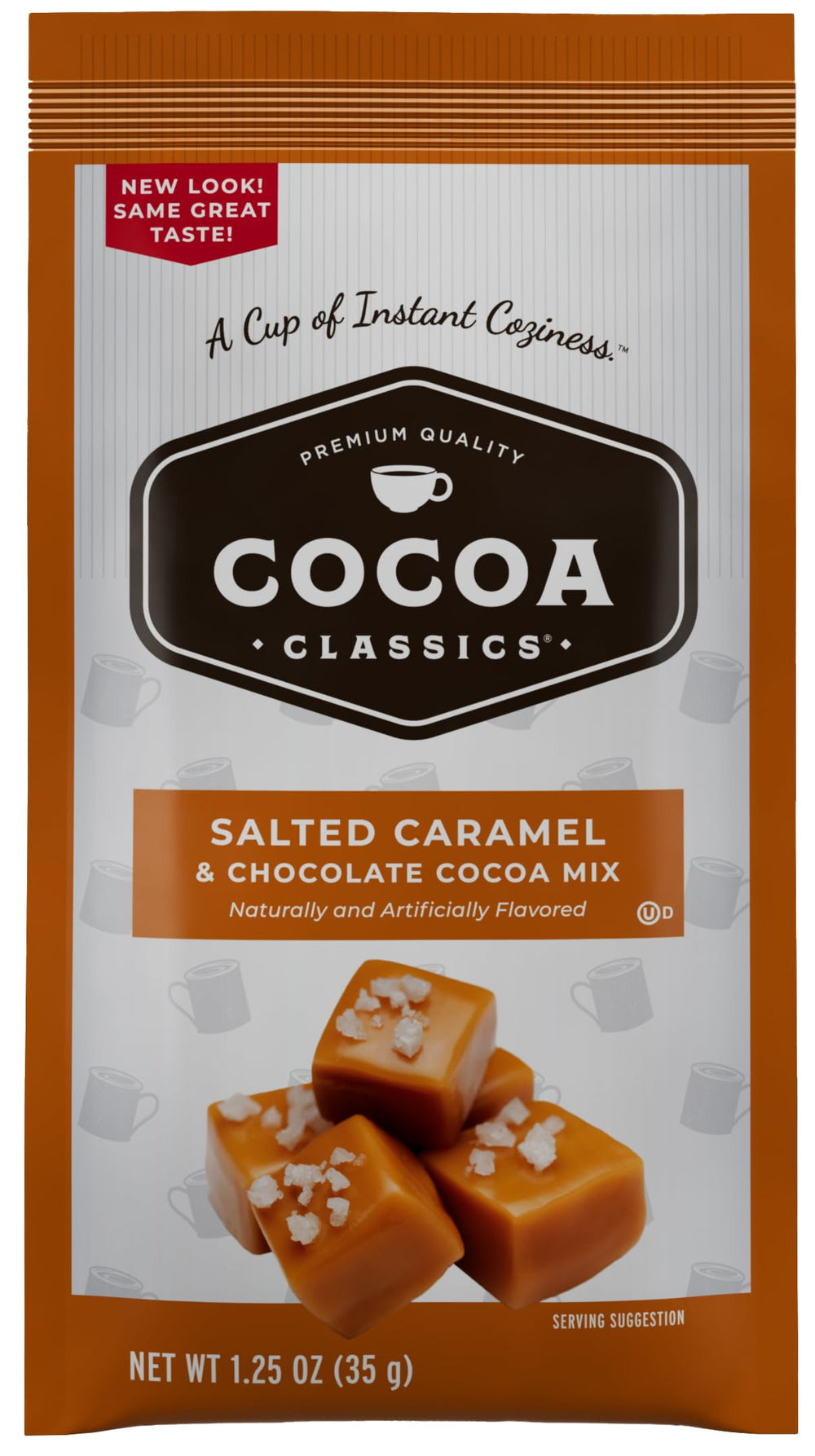 COCOA CLASSICS Arctic White sachets beside steaming mug, creamy comfort.