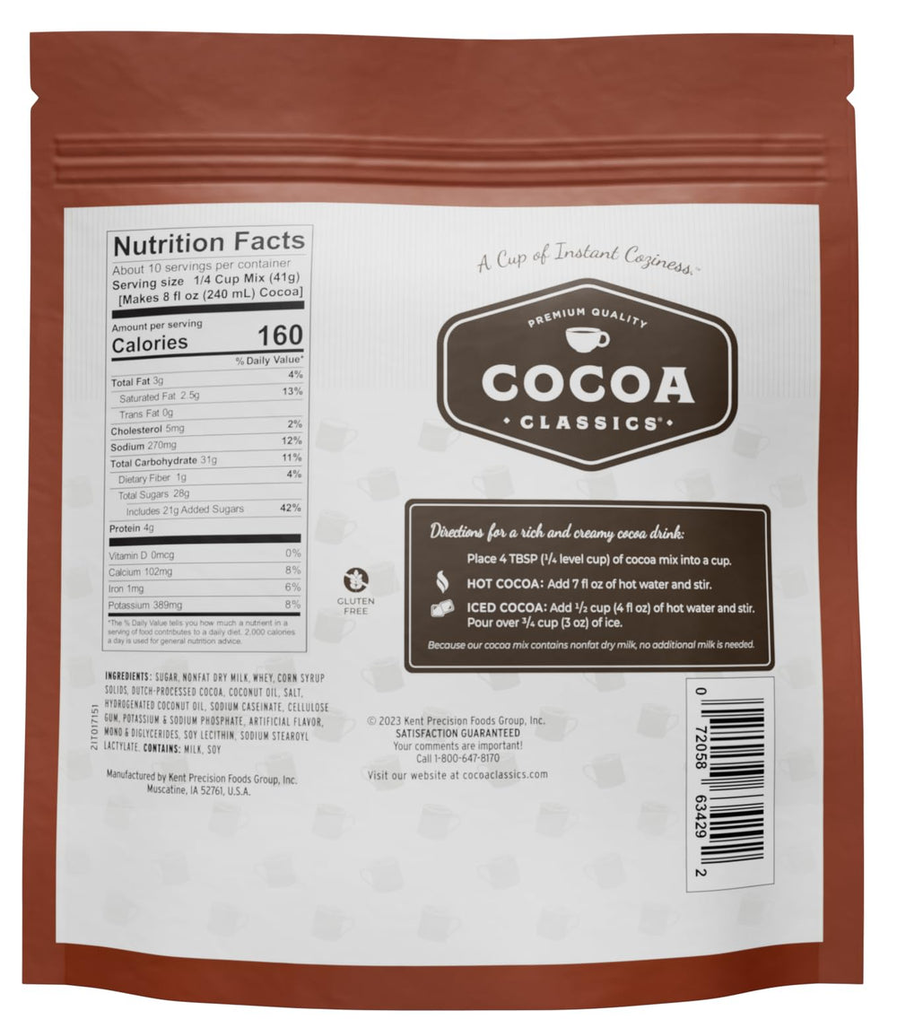 A prepared cup of Cocoa Classics cocoa with creamy texture.