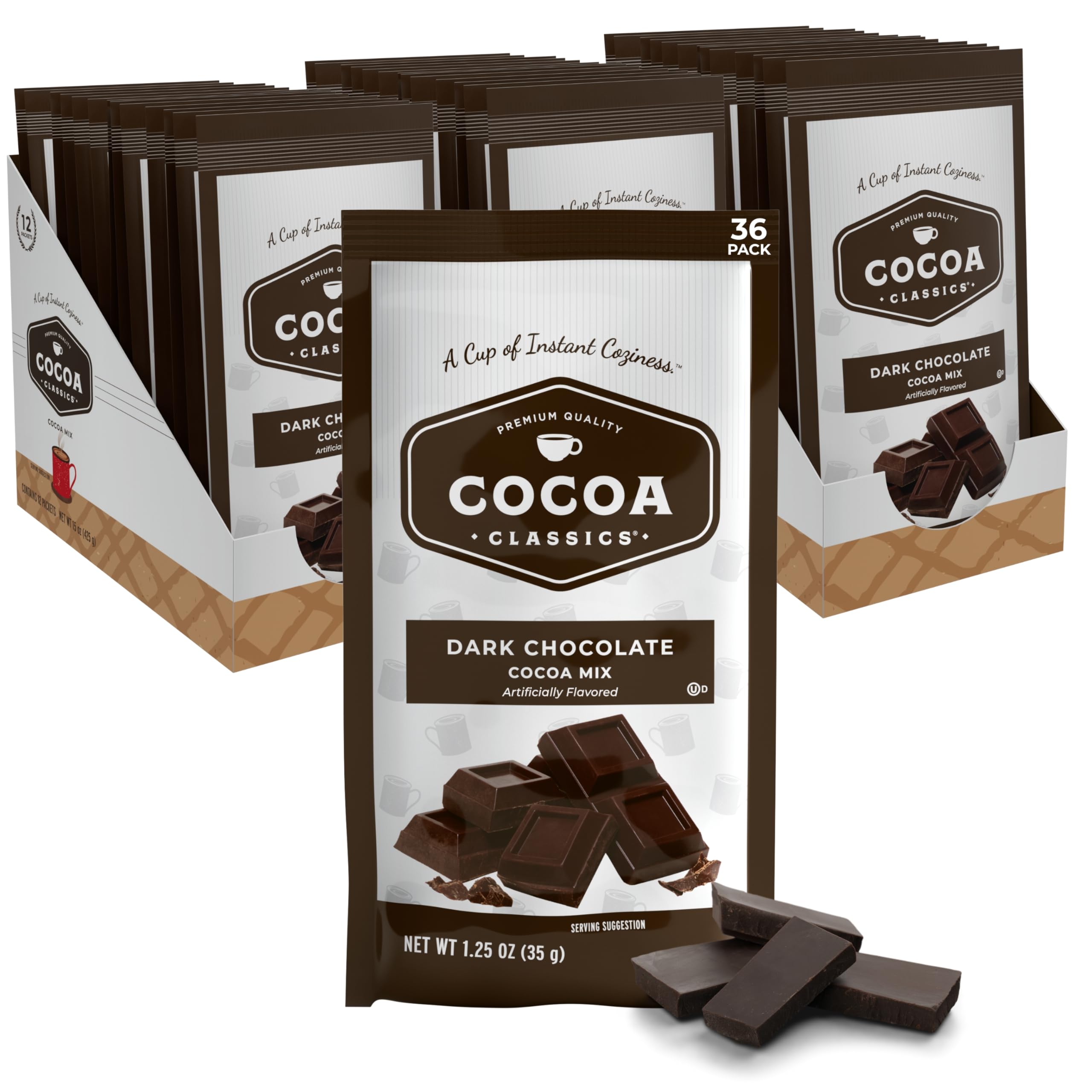 Cocoa Classics Dark Chocolate Cocoa Mix packets front for quick hot cocoa.