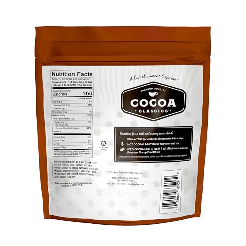 Cocoa Classics cocoa mix being poured into a cup, rich flavor in progress.