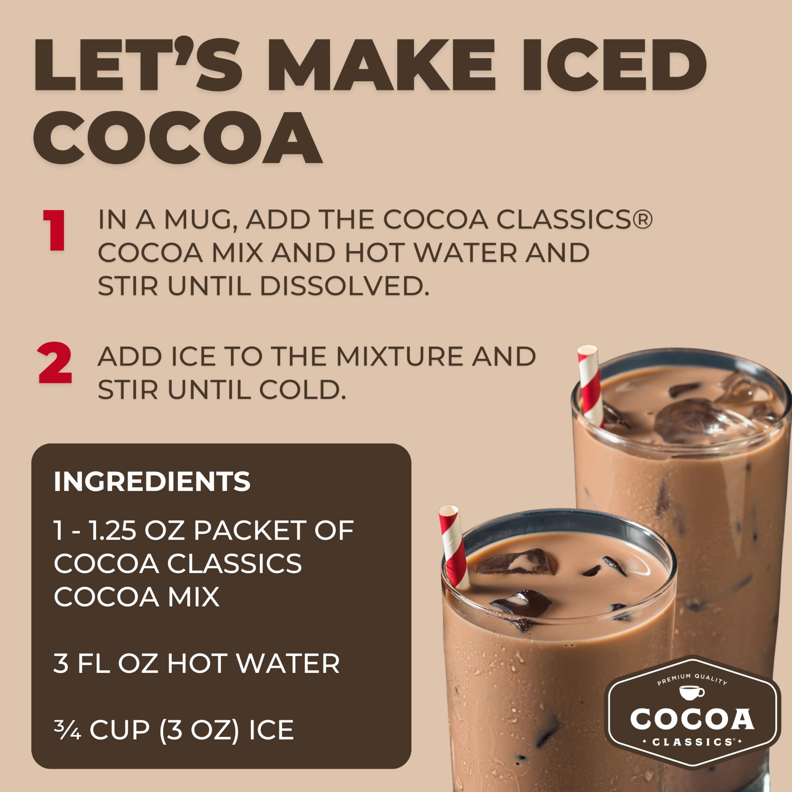 COCOA CLASSICS Raspberry Cocoa Mix glass of iced cocoa, refreshing treat for warm days.