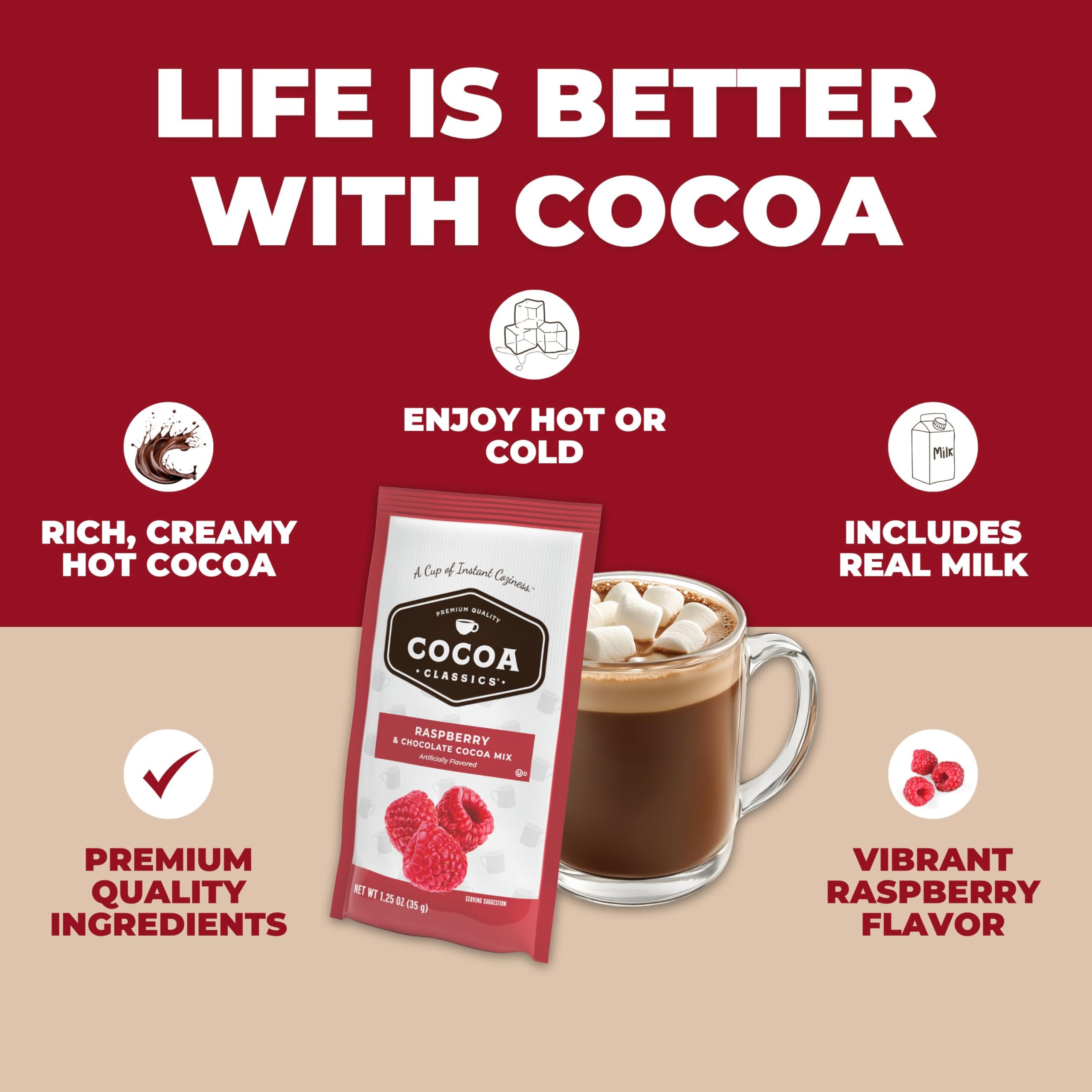 COCOA CLASSICS Raspberry Cocoa Mix ingredients label, reveals gluten-free, dairy-friendly formula.