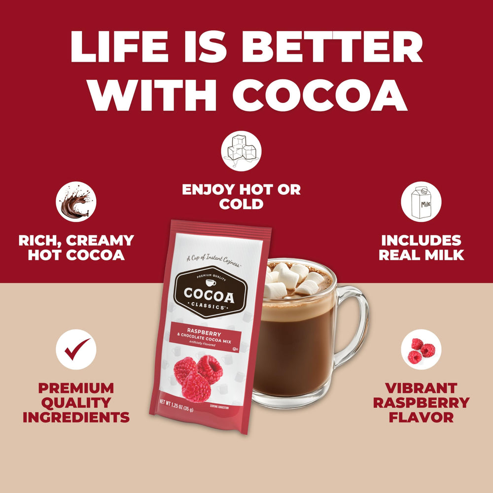 COCOA CLASSICS Raspberry Cocoa Mix ingredients label, reveals gluten-free, dairy-friendly formula.