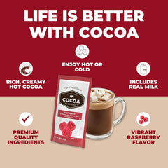 COCOA CLASSICS Raspberry Cocoa Mix ingredients label, reveals gluten-free, dairy-friendly formula.
