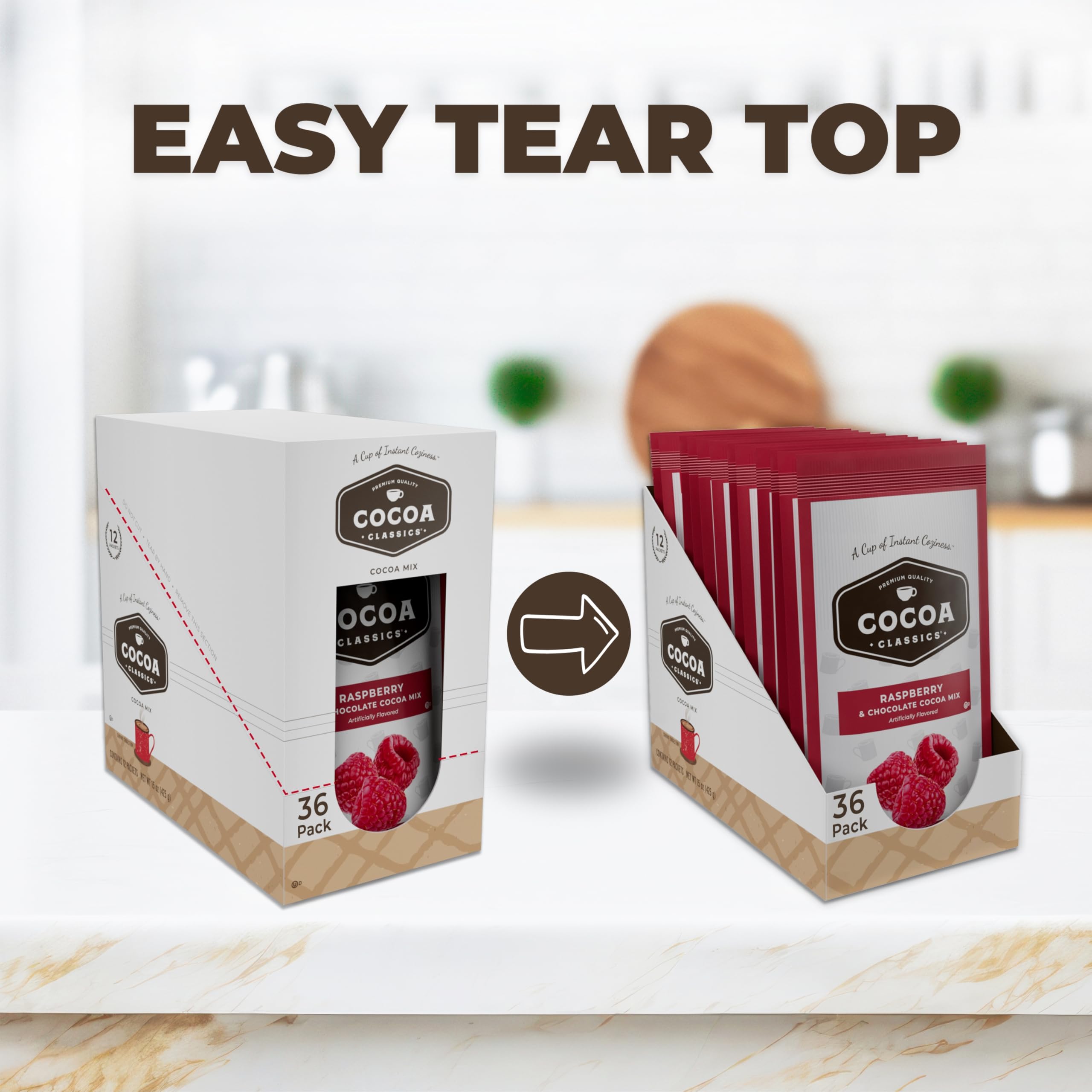 COCOA CLASSICS Raspberry Cocoa Mix packaging, compact box for pantry or gifting.