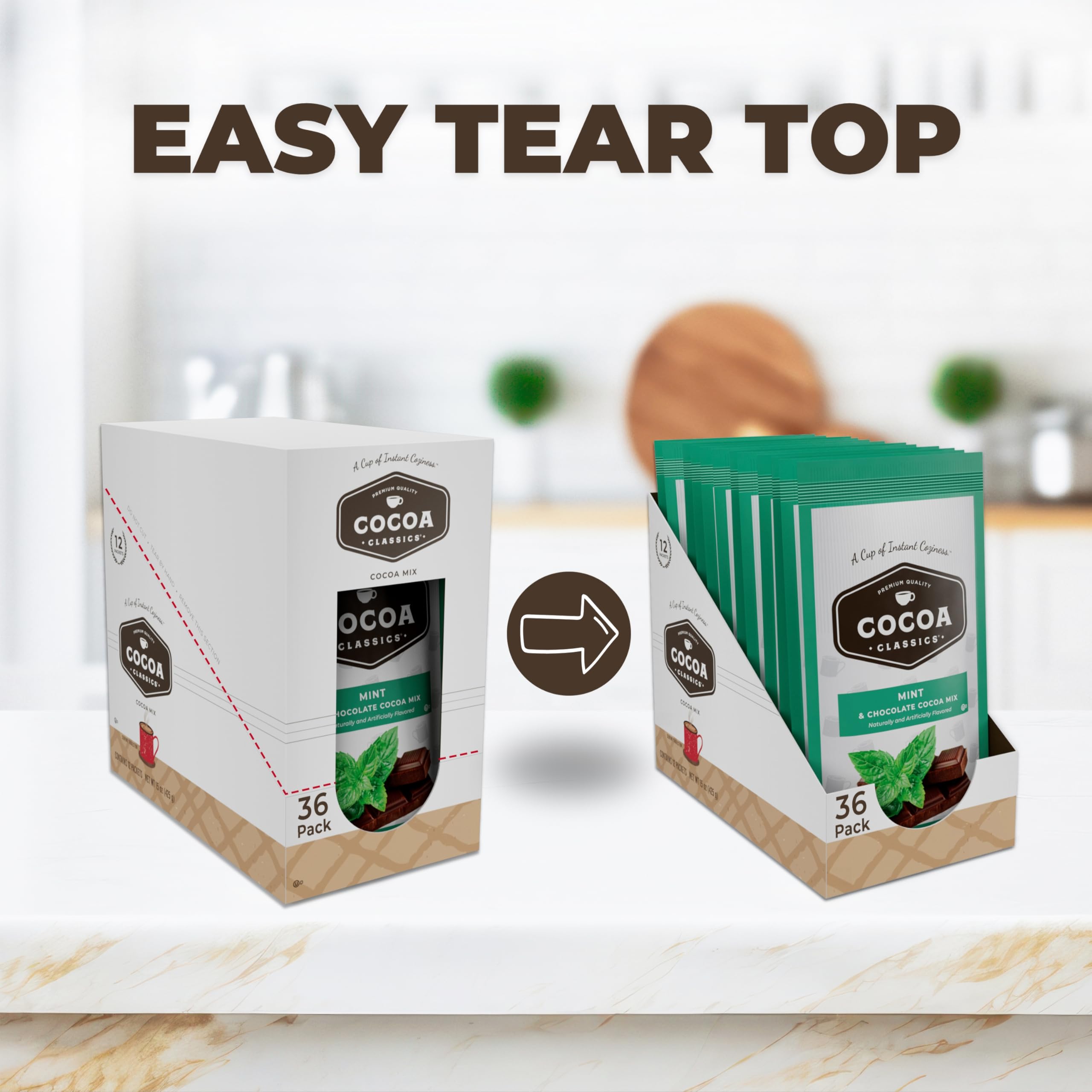 Assorted Cocoa Classics flavors including mint, vanilla, raspberry, and caramel.