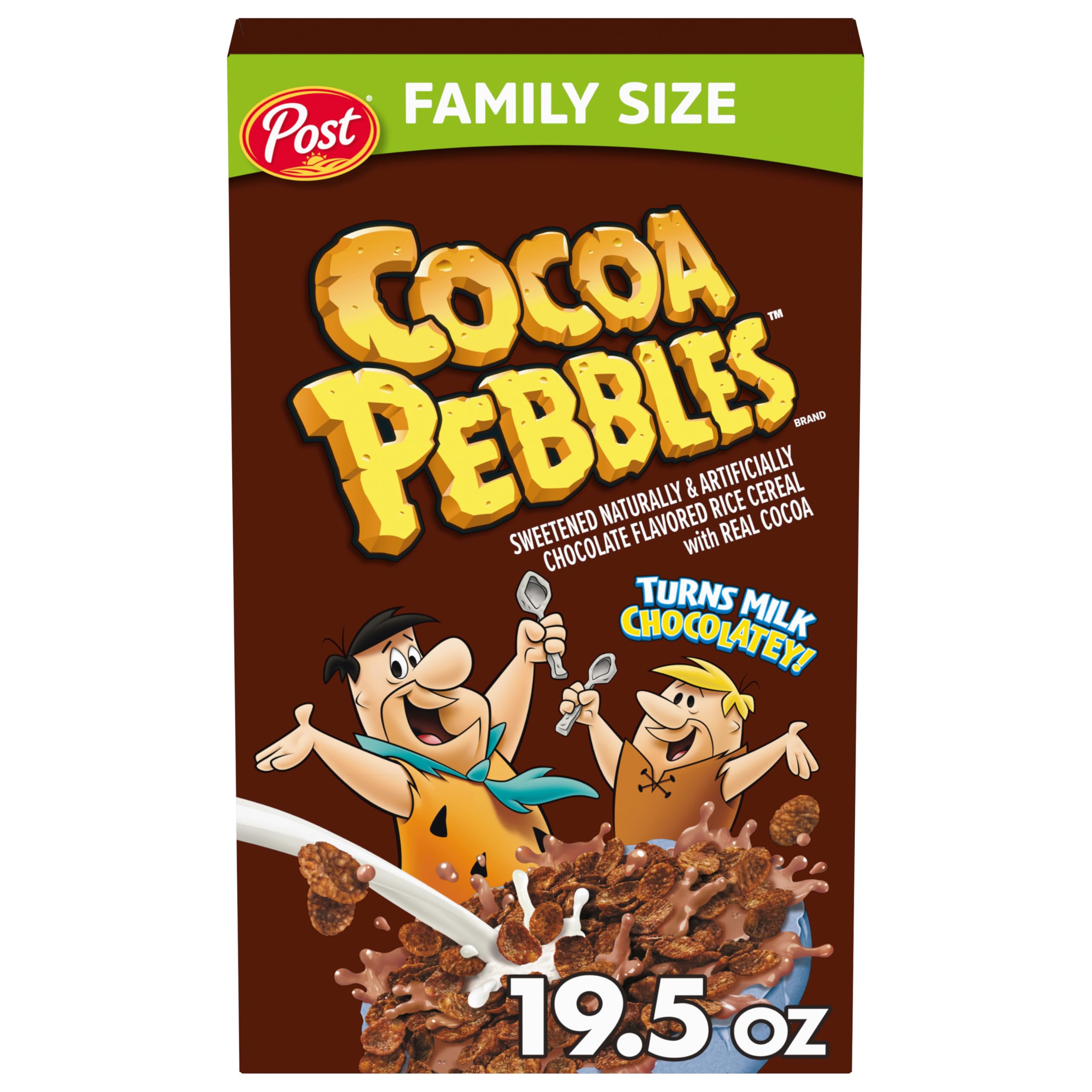 Cocoa PEBBLES cereal bowl with milk showcases chocolatey crunch for breakfast
