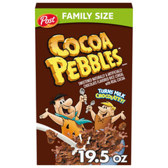 Cocoa PEBBLES cereal bowl with milk showcases chocolatey crunch for breakfast