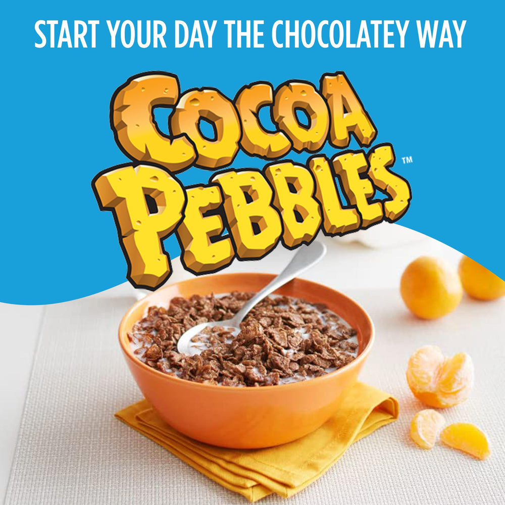 Milk turning chocolate with Cocoa PEBBLES in a bowl invites indulgence
