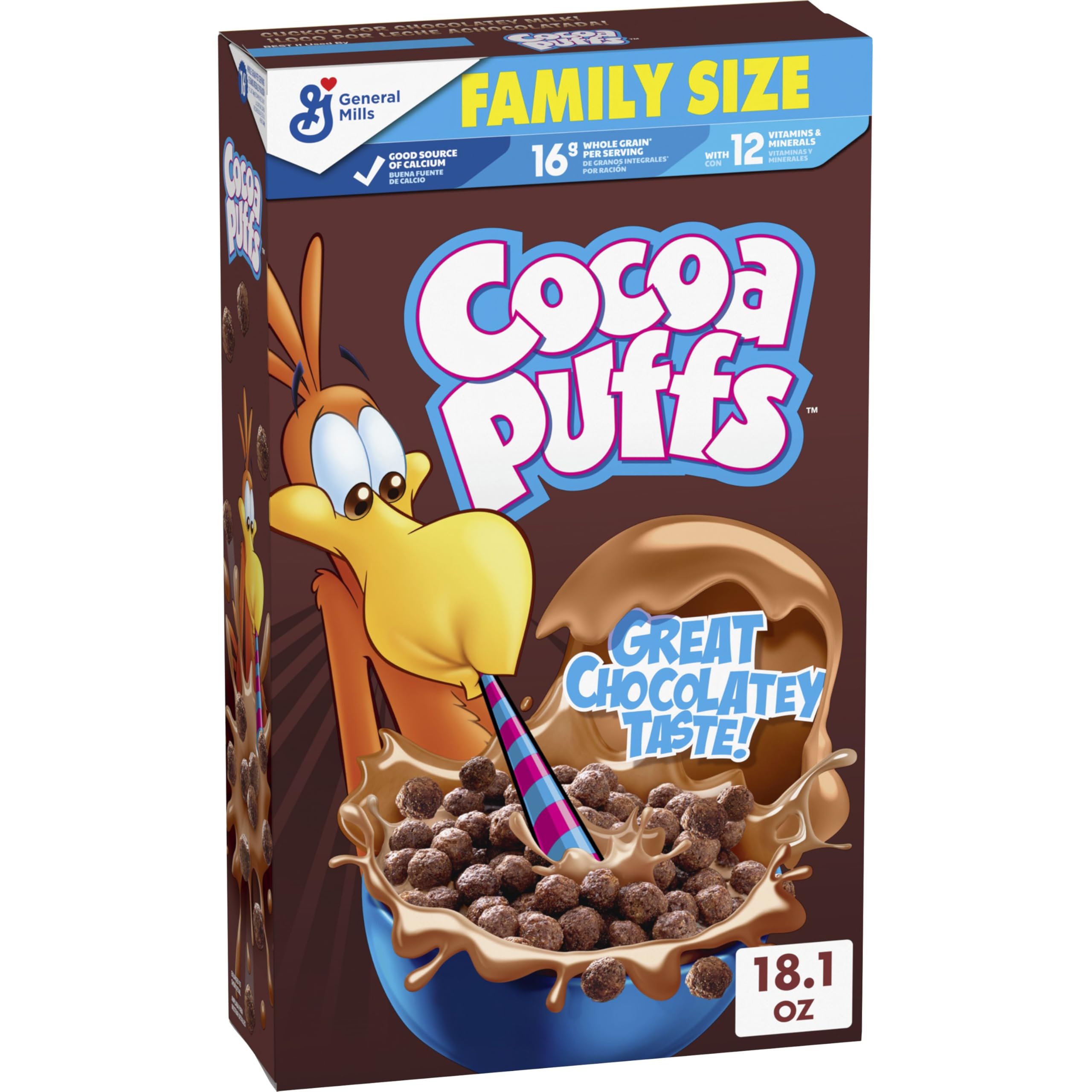 Cocoa Puffs bowl with milk delivering chocolatey breakfast delight for kids and adults.
