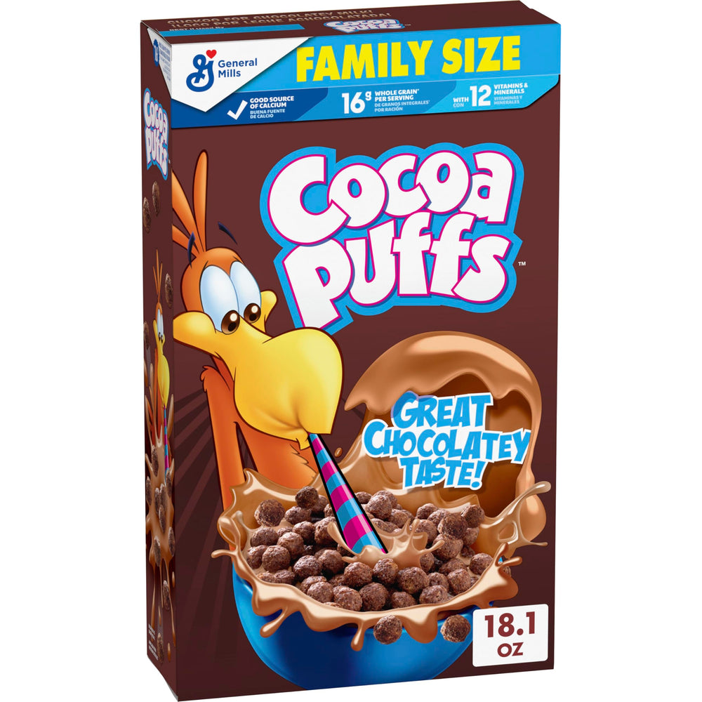 Cocoa Puffs bowl with milk delivering chocolatey breakfast delight for kids and adults.