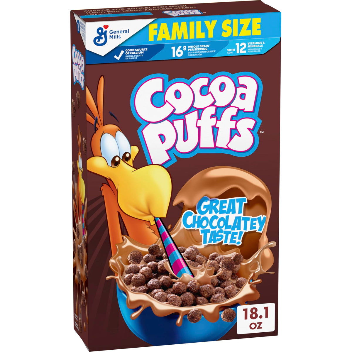 Cocoa Puffs bowl with milk delivering chocolatey breakfast delight for kids and adults.