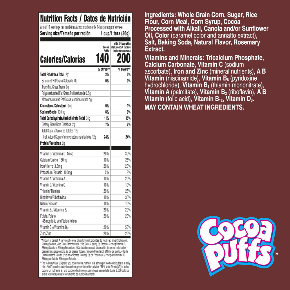 Close-up of Cocoa Puffs chocolatey puffs showing crispy texture loved by families.