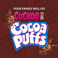 Cocoa Puffs closeup reveals crunchy chocolatey puffs for a satisfying bite.
