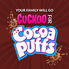 Family-size Cocoa Puffs box on the kitchen counter for shared mornings.