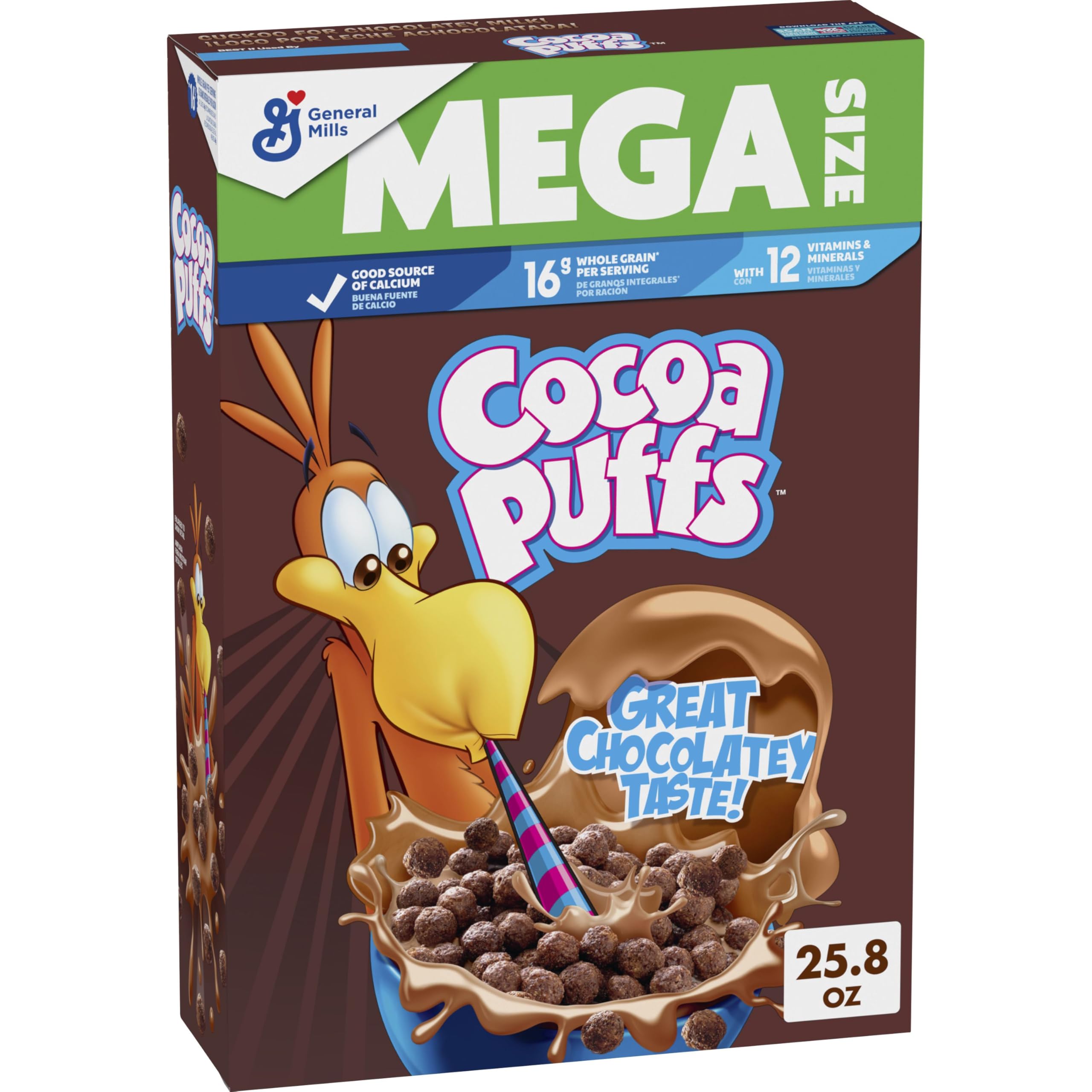 Cocoa Puffs mega-size box front view, ideal for family breakfasts.
