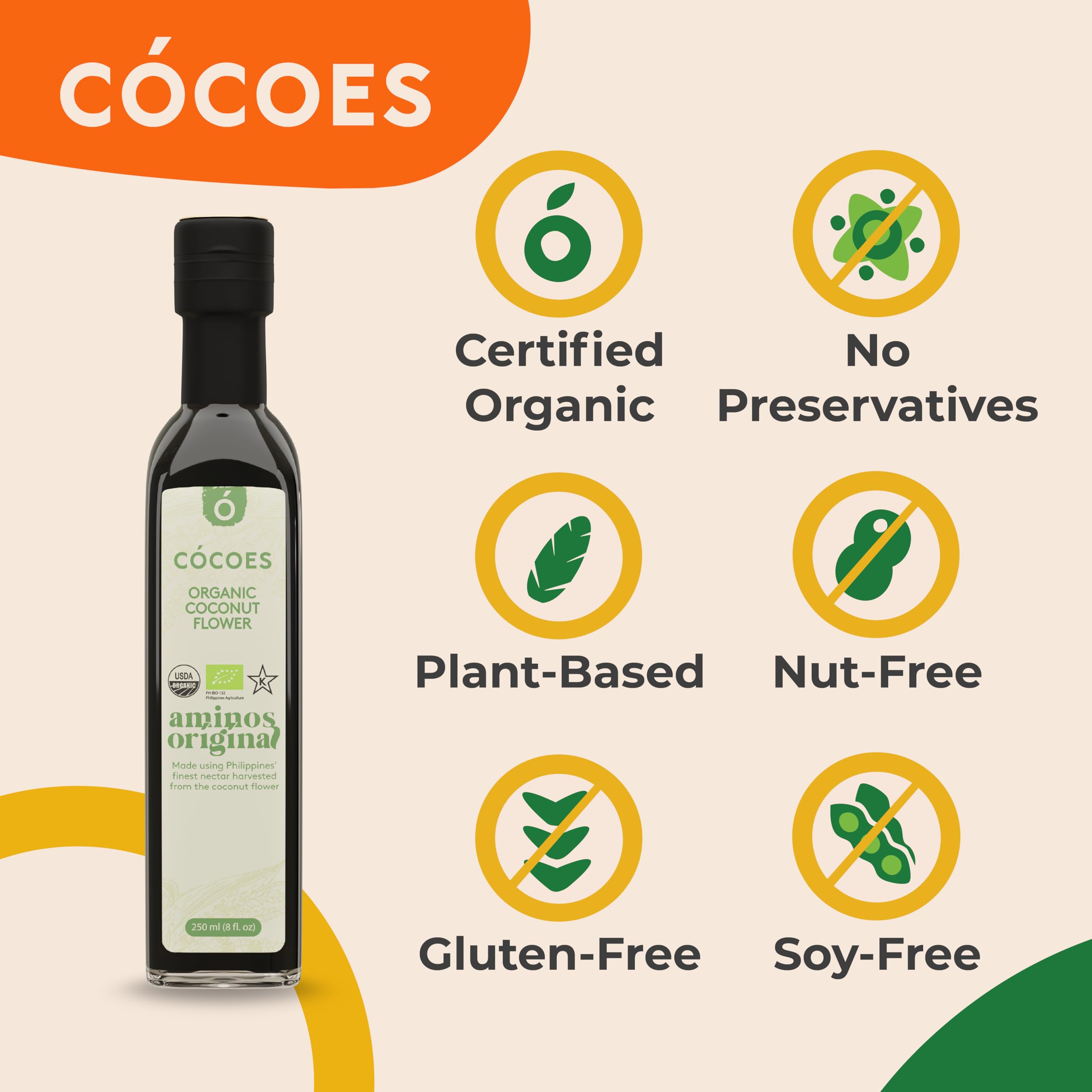 COCOES Coconut Aminos label detail, organic and free of additives