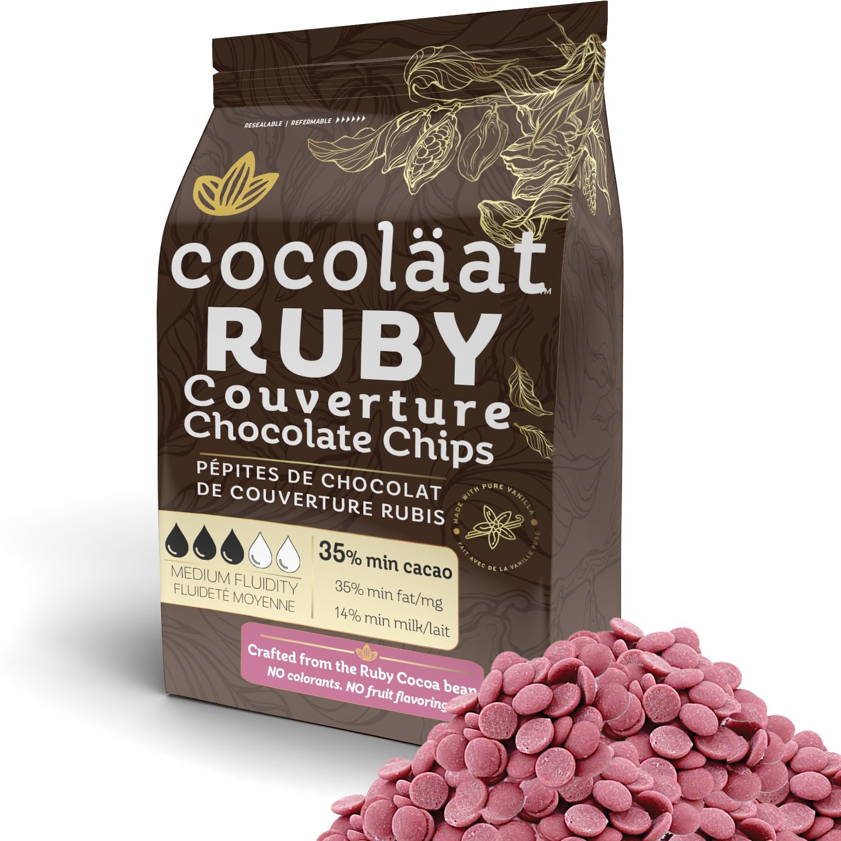 Cocoläat Ruby couverture chips in gold foil pouch ready for fresh baking.