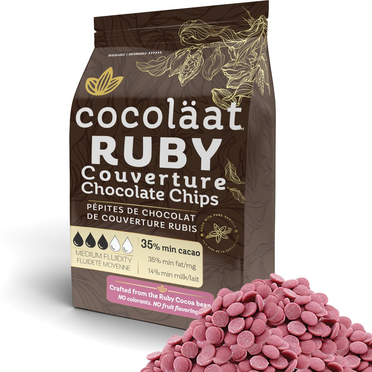 Cocoläat Ruby couverture chips in gold foil pouch ready for fresh baking.