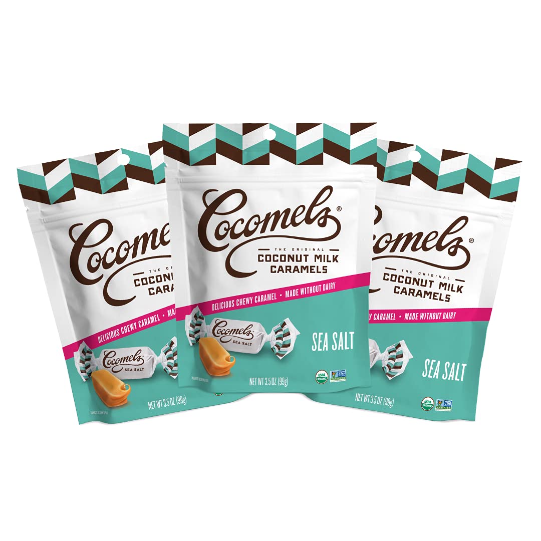 Cocomels sea salt coconut milk caramel bite in three-pack pouches for on-the-go snacking.