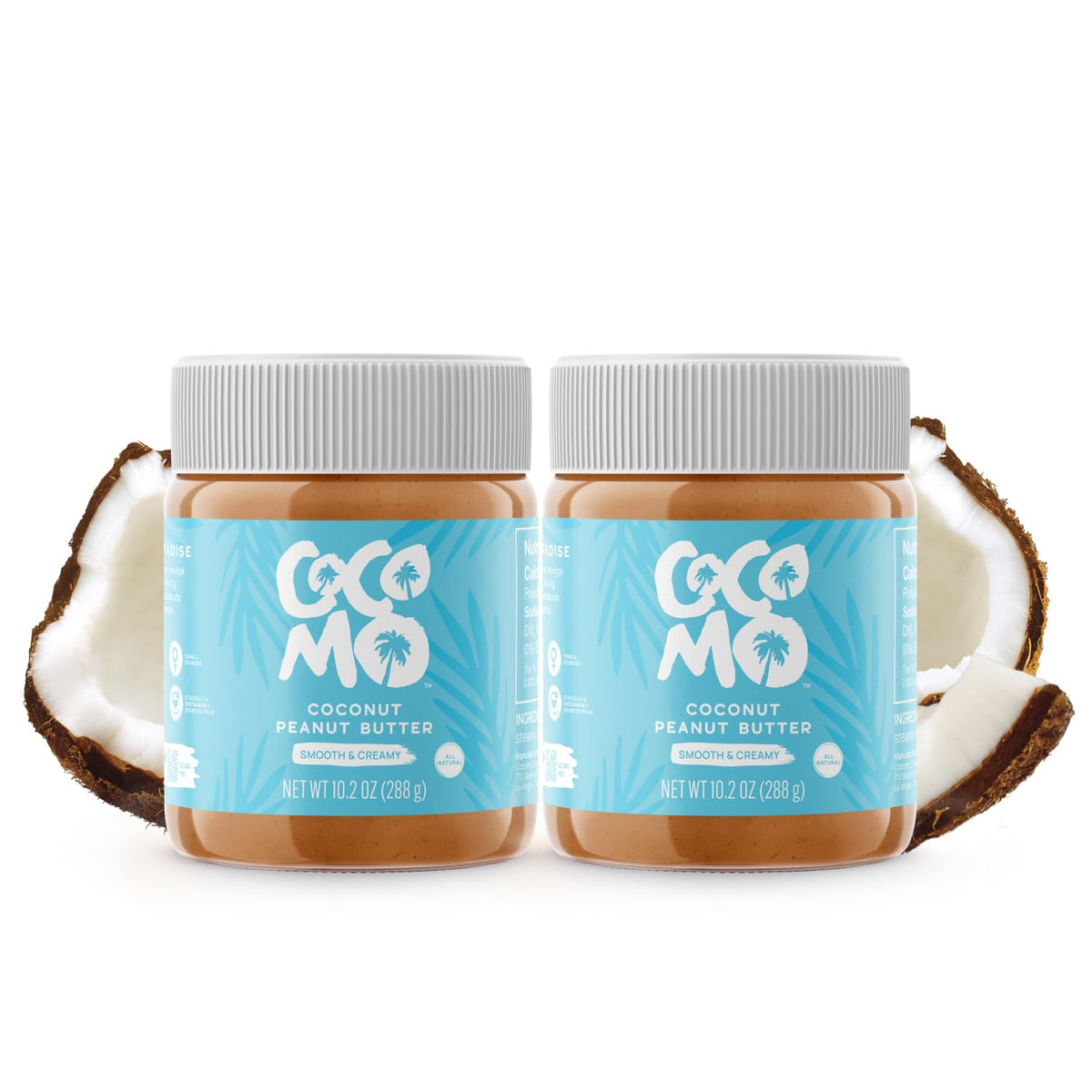 COCOMO coconut peanut butter spread jar with smooth, creamy texture for mornings.