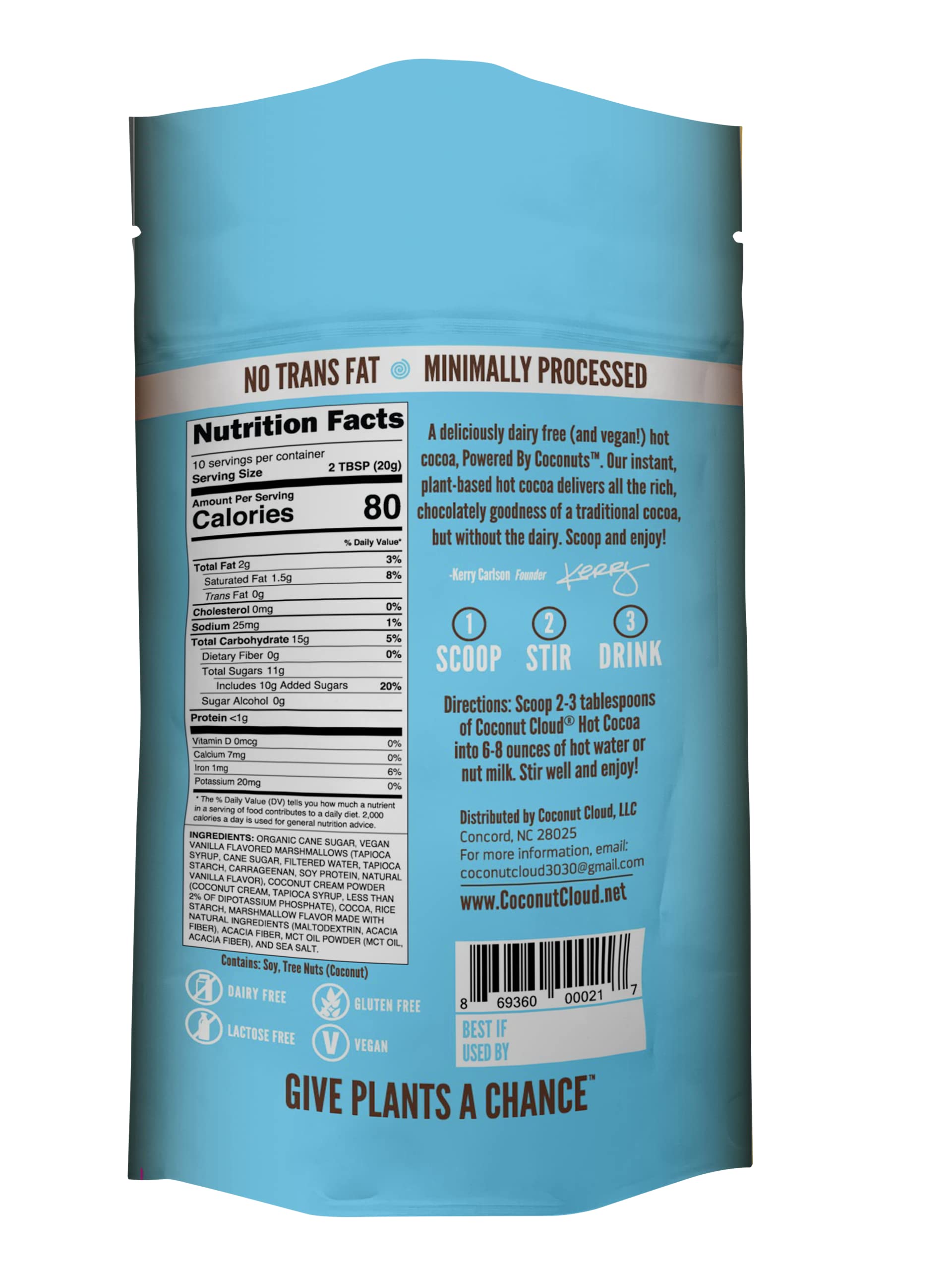 Coconut Cloud cocoa powder and dried coconut milk highlight clean, simple ingredients.