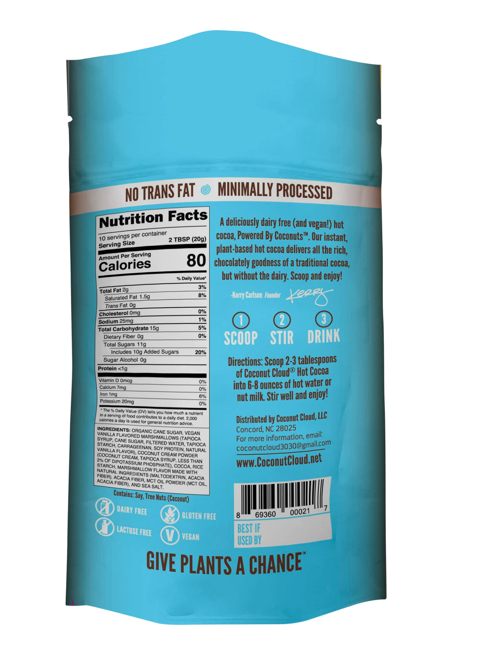 Coconut Cloud cocoa powder and dried coconut milk highlight clean, simple ingredients.