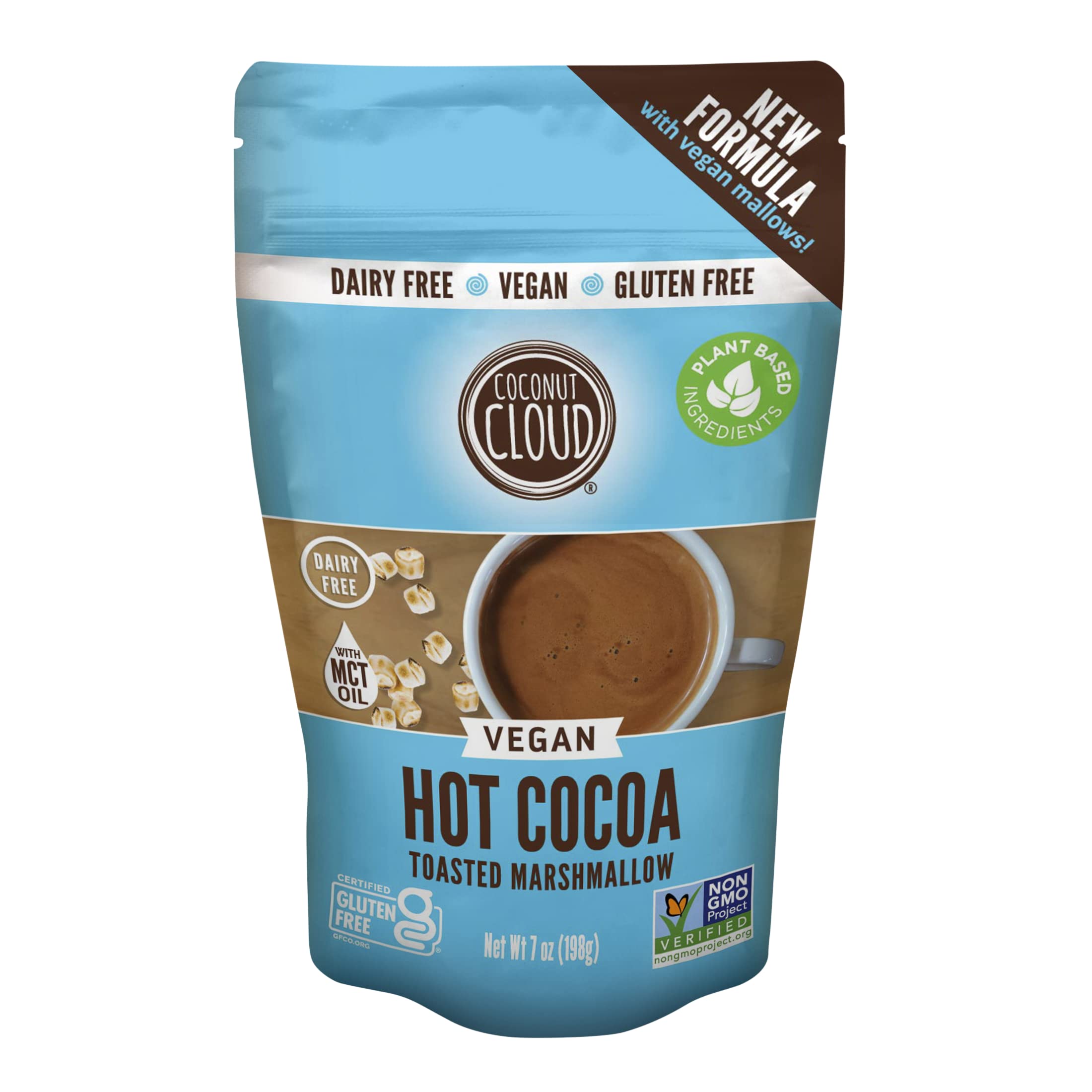 Coconut Cloud hot cocoa packaging beside a mug for a creamy, dairy-free treat.