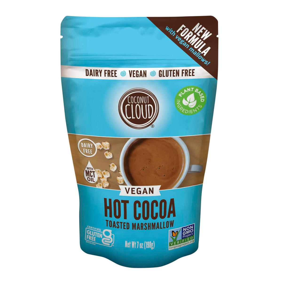 Coconut Cloud hot cocoa packaging beside a mug for a creamy, dairy-free treat.